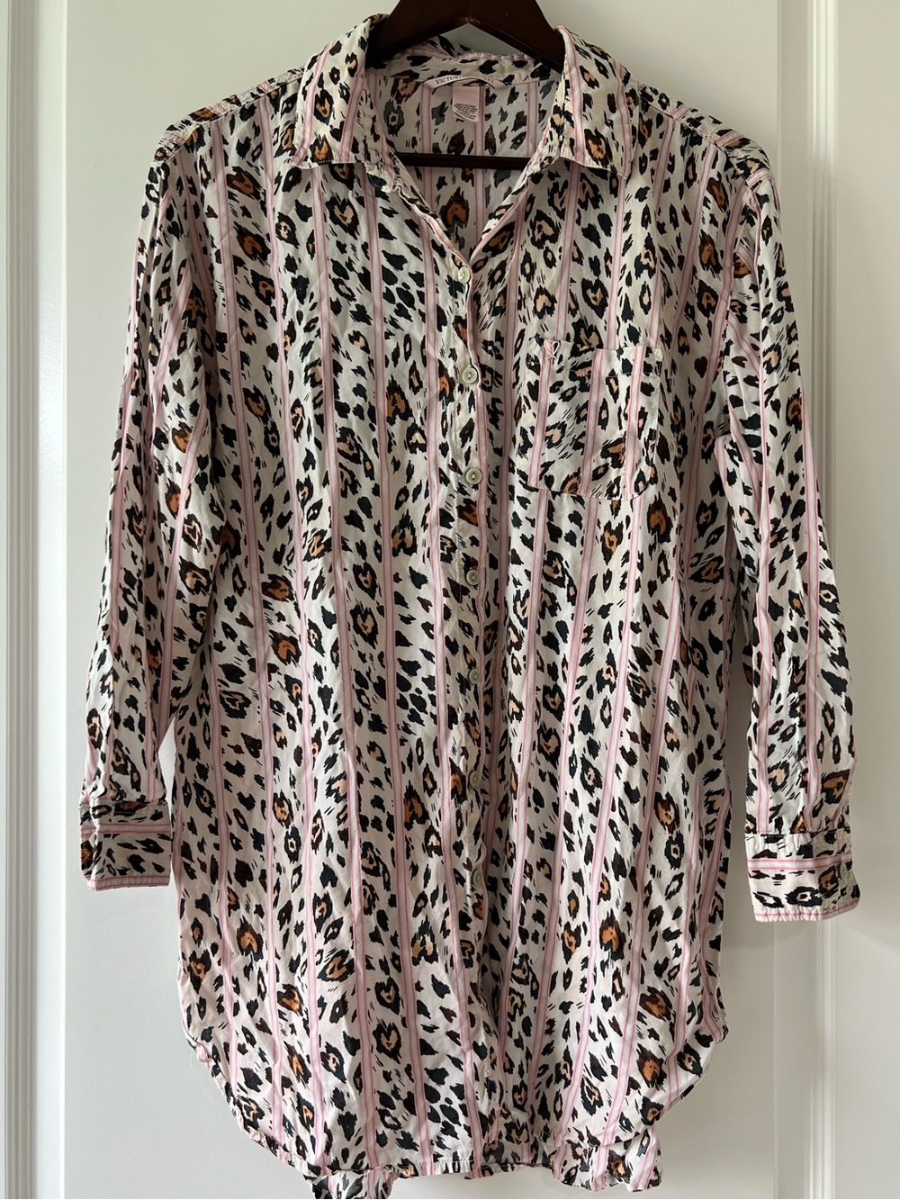Victoria's Secret Pink Heart Leopard Striped Long Sleeve Sleep Shirt Womens Med
